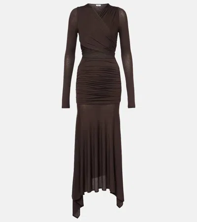 Attico Sheer Embroidered Tulle Midi Dress In Brown