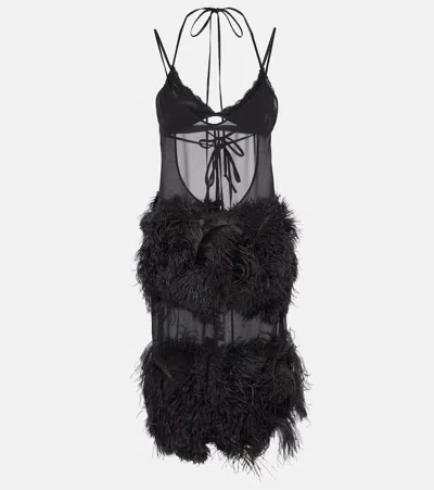 ATTICO SHEER FEATHER-TRIMMED MIDI DRESS
