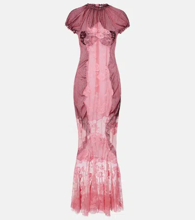 Attico Sheer Lace And Mesh Maxi Dress In Pink