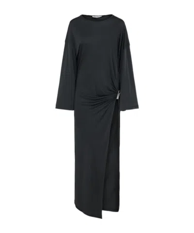 Attico Shiny Viscose Draped Long Dress In Black