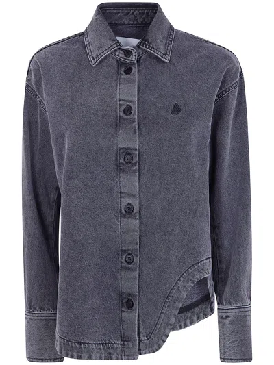 Attico Long Sleeve Shirt Jacket Asymmetric Hem Collar In Blue