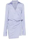 Attico Mini Striped Dress With V-neck, Long Sleeves, White And Navy Blue Cotton, Tied Waist In Multicolour