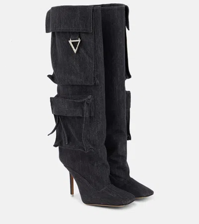 Attico Grey Denim Sienna Knee Length Boots In Black