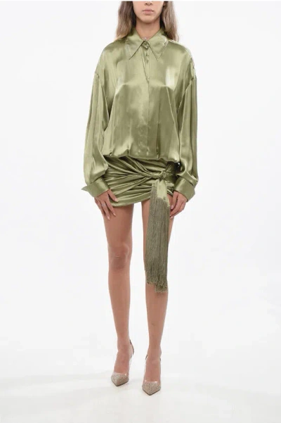 Attico Silk Bodycon Dress With Fringes In Green