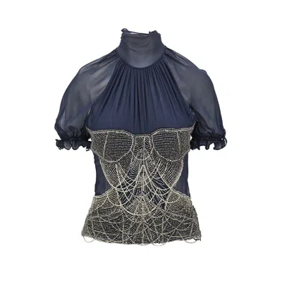 Attico Silk Georgette Top With Beads In Blue