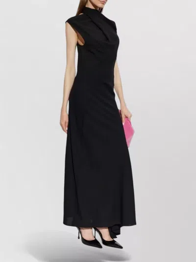 Attico Silk Maxi Dress Asymmetric Hem High Neckline In Black