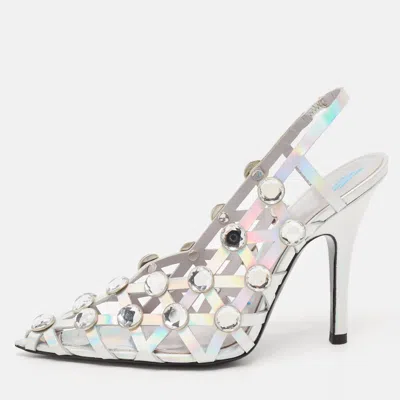 Pre-owned Attico Silver Iridescent Leather Grid Slingback Pumps Size 37