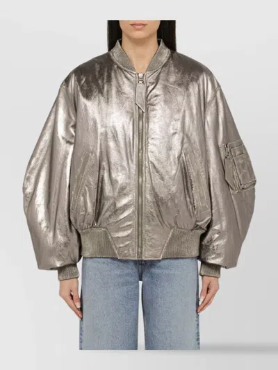 ATTICO SILVER LEATHER BOMBER JACKET WITH METALLIC FINISH