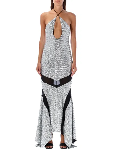 Attico Silver Midi Dress With Halter Neck And Transparent Inserts In Grey