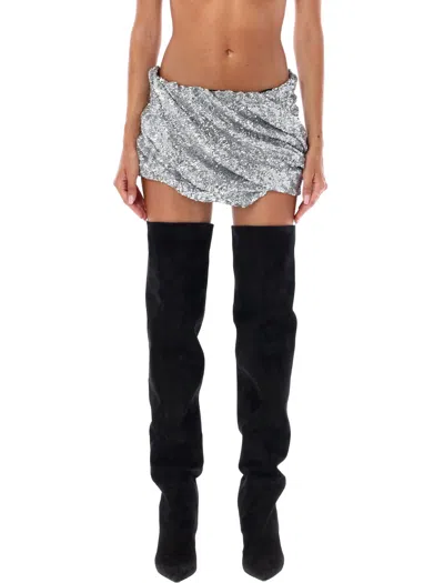 Attico Silver Sequin Mini Skirt For Women In Grey