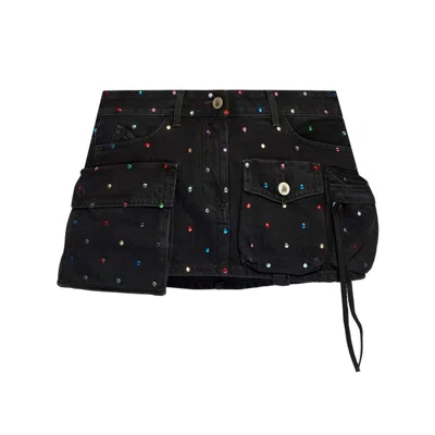 Attico Denim Mini Skirt Rhinestone Embellishment In Black
