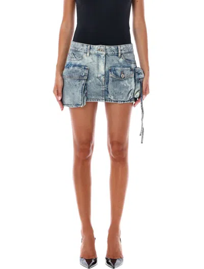 Attico Distressed Miniskirt With Multi-pocket Design And Belt Loops In Blue
