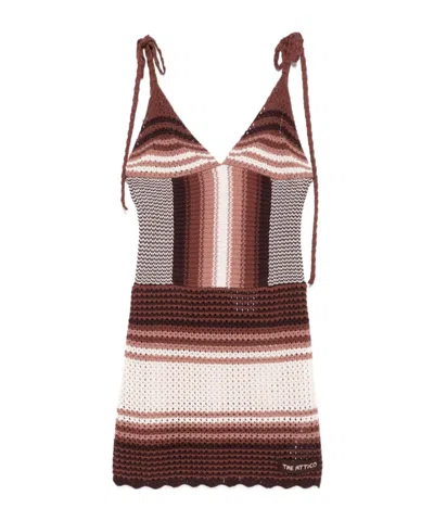 Attico Chocolate Brown Cotton Mini Dress In Multi