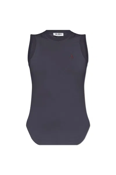 Attico 'reese' Crew Neck Top With Curved Hem In Navy