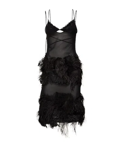 Attico Sheer Feather-trimmed Midi Dress In Black