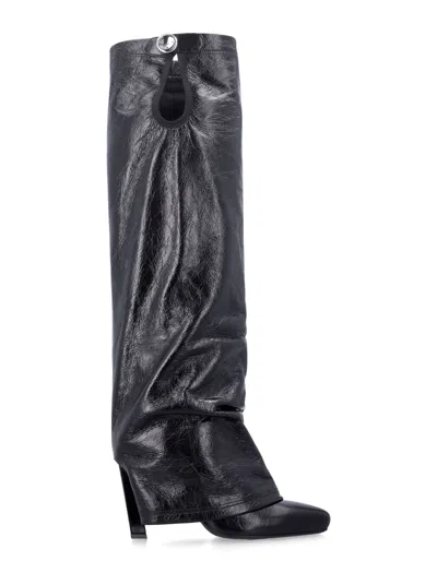 Attico Slouchy Textured Leather Tall Boots With Cut-out Detail In Black