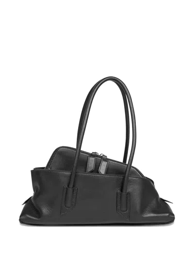 Attico La Passeggiata Small Black Shoulder Bag With Tubular Handles And Impressed Logo On The Front In Leat