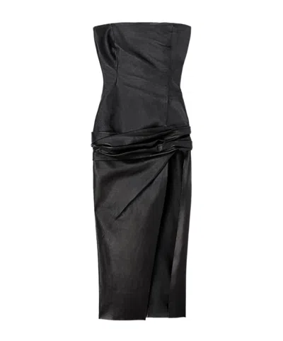 ATTICO THE ATTICO OFF-SHOULDER RUCHED WAIST MIDI DRESS