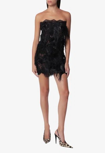 Attico Strapless Feather-trim Mini Dress In Black