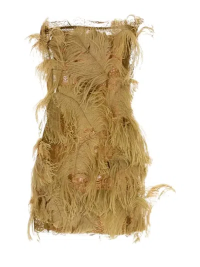 Attico Strapless Lace And Mesh Mini Dress With Fringe In Brown