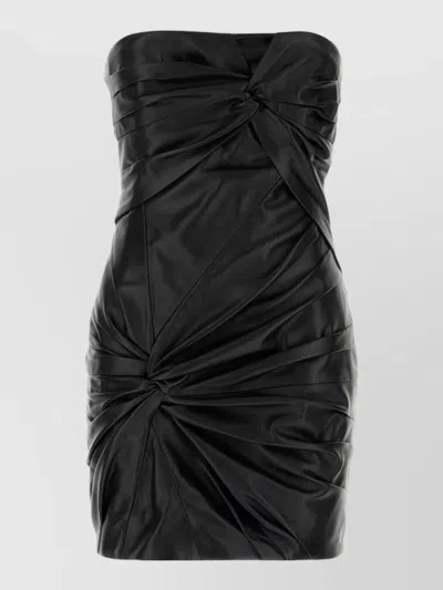 Attico Strapless Leather Mini Dress Ruched Detailing In Black