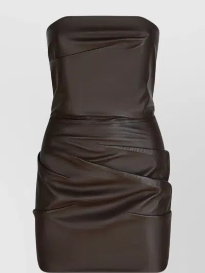 ATTICO STRAPLESS LEATHER MINI DRESS WITH RUCHED DETAILING