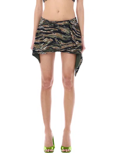 Attico Stretch Military Mini Skirt In Camouflage Print With Asymmetrical Design In Gray