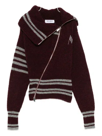 Attico Striped Cardigan With Asymmetrical Zip Closure In Burgundy