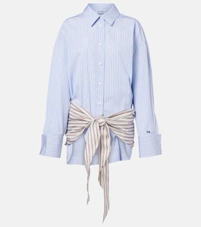 Attico Belted Striped Cotton-poplin Mini Dress In Blue