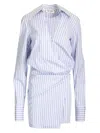 Attico Mini Striped Dress With V-neck, Long Sleeves, White And Navy Blue Cotton, Tied Waist In Light Blue
