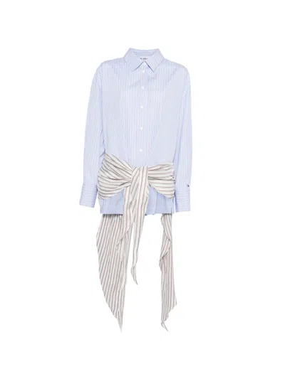 Attico Belted Striped Cotton-poplin Mini Dress In Blue