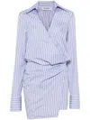 Attico Mini Striped Dress With V-neck, Long Sleeves, White And Navy Blue Cotton, Tied Waist In White