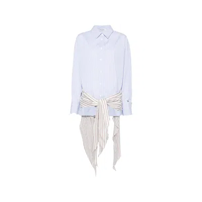 Attico Belted Striped Cotton-poplin Mini Dress In Blue