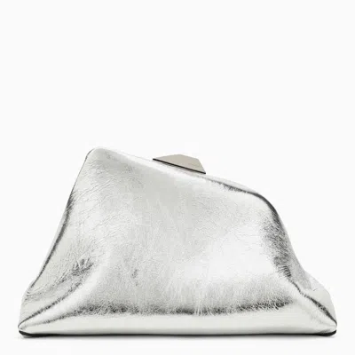 Attico Stylish Silver Leather Clutch For Women With Snap Fastening And Metal Hardware