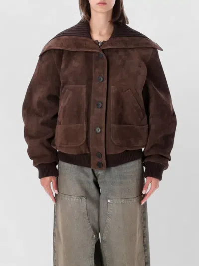 Attico Suede Bomber Jacket Oversized Ribbed Collar In Brown
