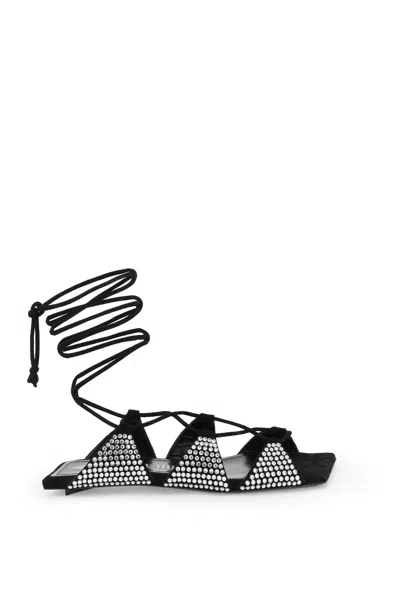 Attico Suede Rhinestone-embellished Square Toe Sandals For Women In Black