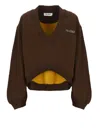 Attico Cropped V-neck Sweatshirt With Ribbed Cuffs And Hem In Brown