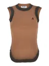 Attico Beige Sleeveless Crewneck Top With Contrasting Logo Embroidery On The Front In Cotton Woman In Beige