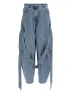 Attico Blue Jeans With Maxi Drawstring On The Front And Logo Patch On The Rear In Denim Woman In Blue