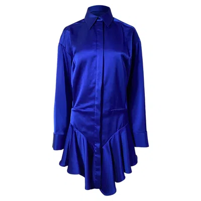Attico Tartan Candice Pleated Satin Mini Shirt Dress In Blue Polyester