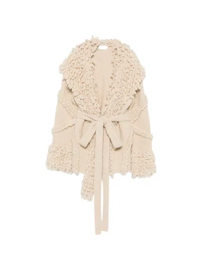 Attico Textured Ruffled Belted Cardigan In Neutral