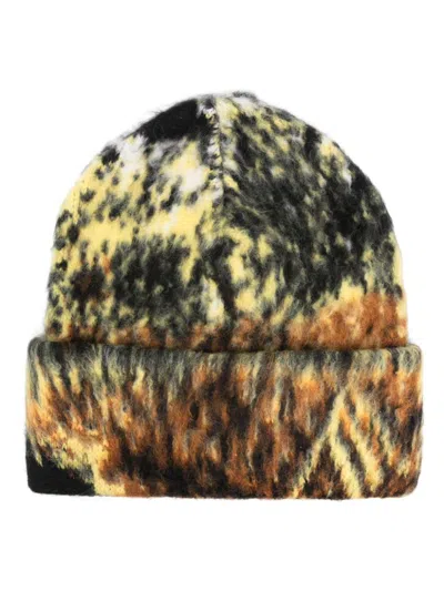 Attico The  Abstract-print Beanie In Brown/yellow/black/white