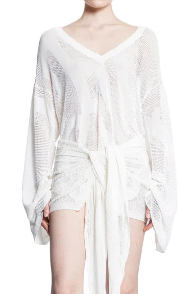 Attico The  Asymmetric Hem Open Knit Mini Dress In White