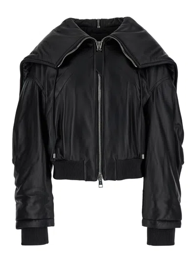 ATTICO THE ATTICO BLACK BOMBER JACKET WITH ZIPPED OVERSIZED HOOD IN LEATHER WOMAN