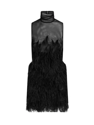 ATTICO THE ATTICO BLACK FEATHER-EMBROIDERED TULLE MINI DRESS