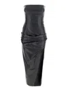 Attico Black Sleeveless Off-shoulder Midi Dress With Front Single Slit And Ruched Waist In Leather Woman In Black