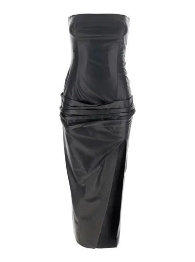 ATTICO THE ATTICO BLACK SLEEVELESS OFF-SHOULDER MIDI DRESS WITH FRONT SINGLE SLIT AND RUCHED WAIST IN LEATH