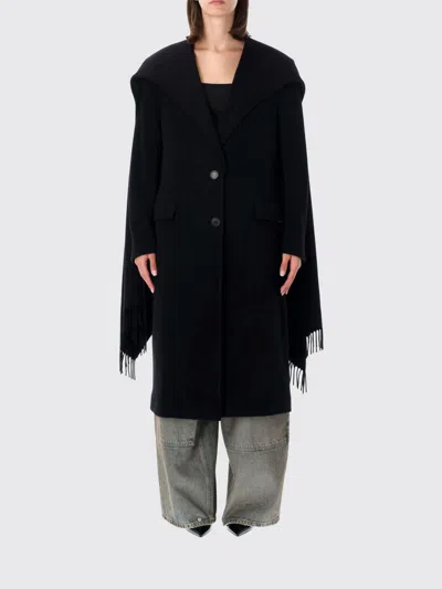 Attico Long Black Coat With Two-button Closure And Built-in Fringed Scarf