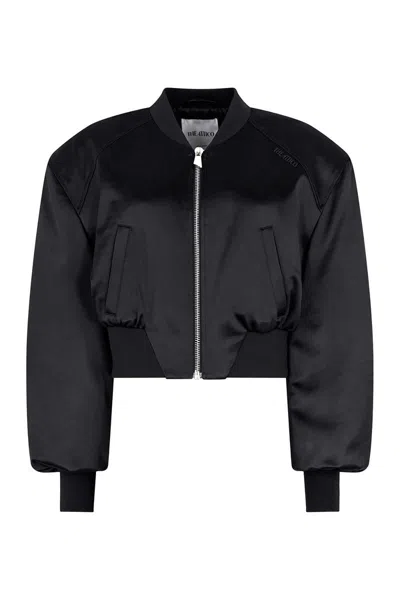Attico Black Cropped Bomber Jacket With Tonal Logo Lettering Embroidery On The Front In Viscose Woman In Blue