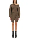 Attico Brown Off-shoulder Mini Dress With Logo Lettering On The Hem